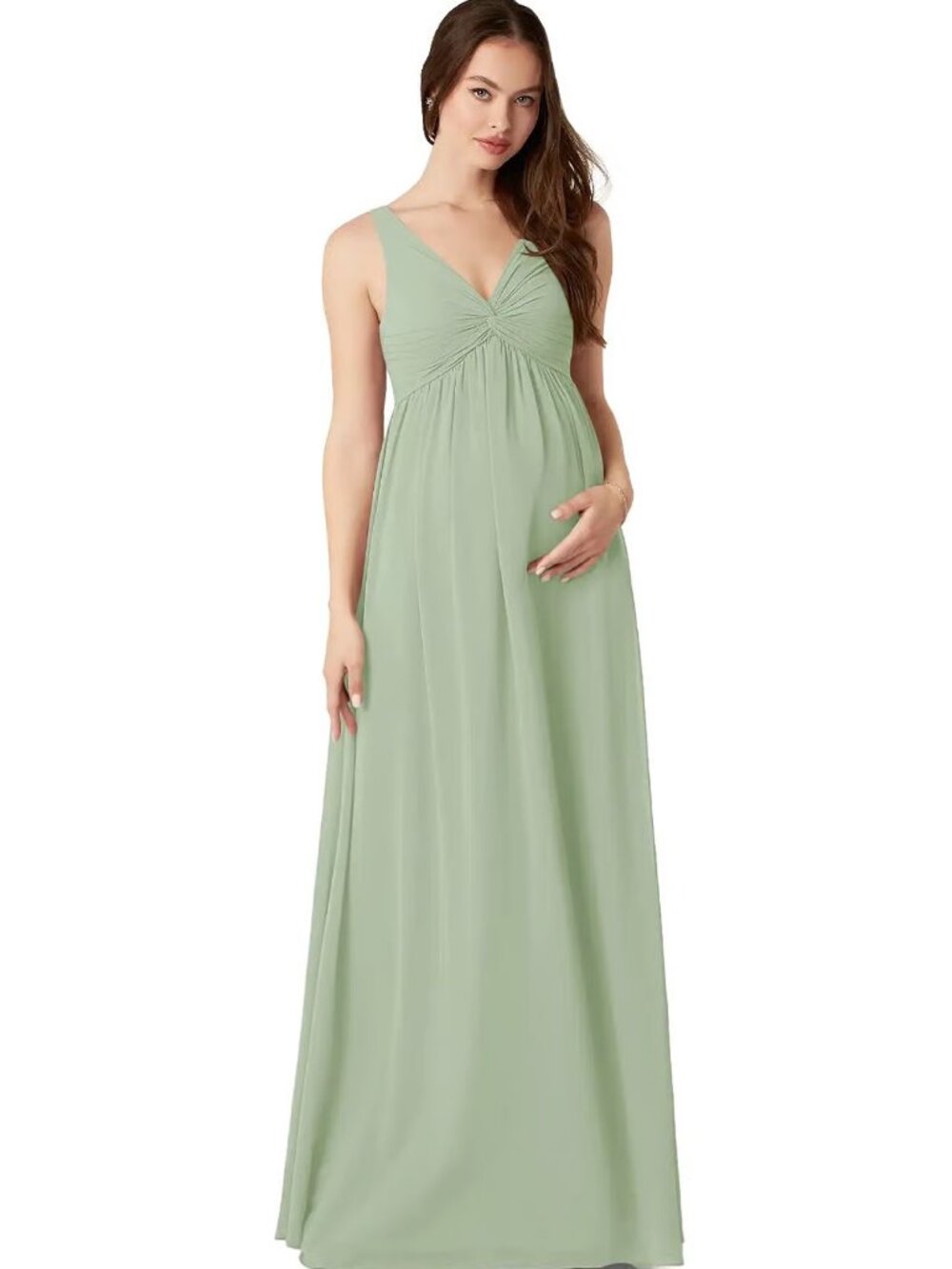 Azazie Yetta A-Line V-Neck Gathered Chiffon Floor-Length Dress Dusty Sage Size 6